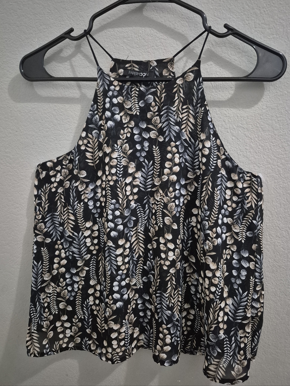 Papermoon Black Floral Halter Tank with Cream and Light Gray Leaves